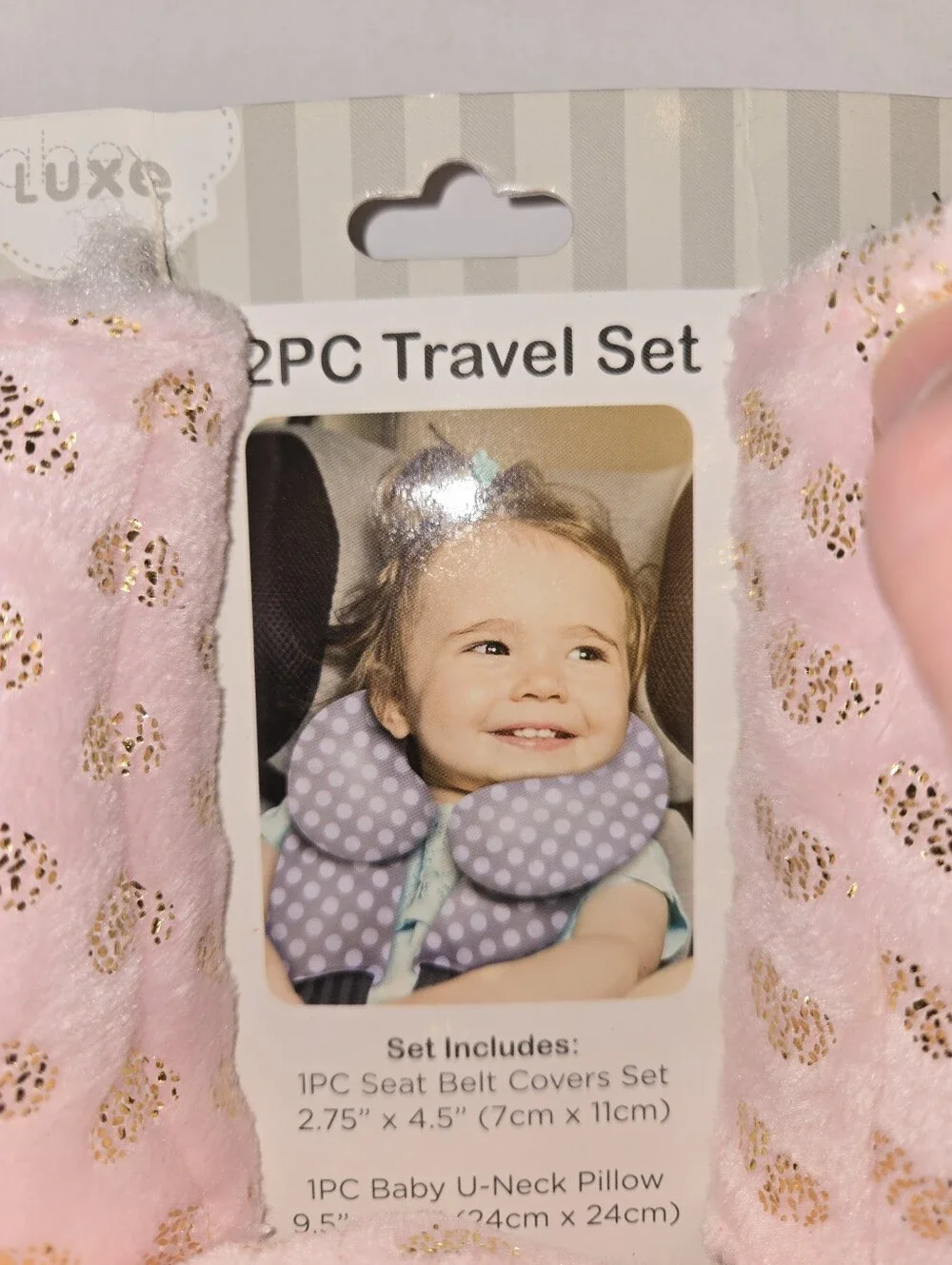 Babe Luxe Kids Pink Gold Heart U-Neck Pillow & Strap Covers NEW